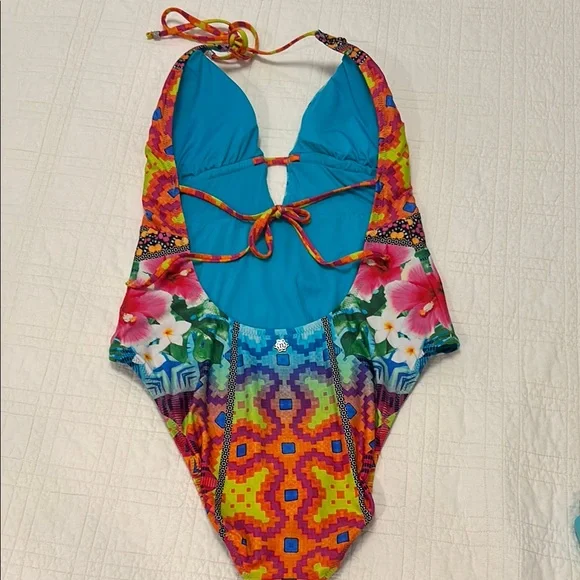 2/$50 Nanette Lepore Multi Color Keyhole Plunging Neckline One Piece Swimsuit - Picture 3 of 11